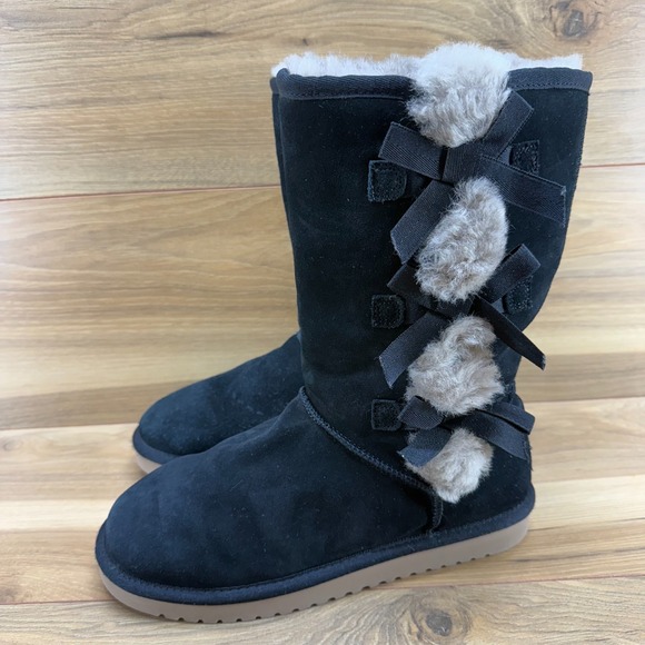 UGG Koolaburra Victoria Bow Tall Boots Womens 8 Black Suede Shearling Fur Lined - Picture 1 of 12